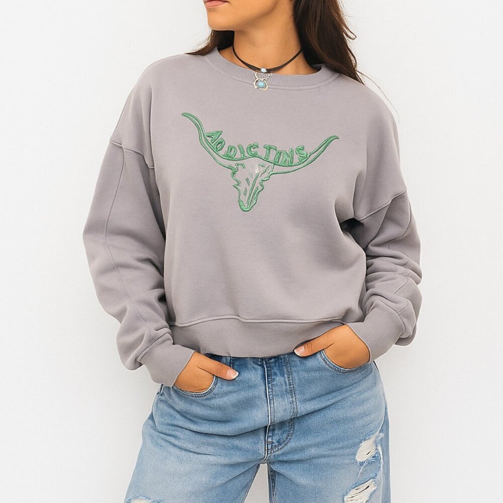 Addictive Bull Skull Embroidered Sweatshirt | Size S | Gray Western-Inspired